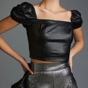 New Anthropologie Avec Les Filles Faux Leather Cap-Sleeve Blouse CROPPED Black M
